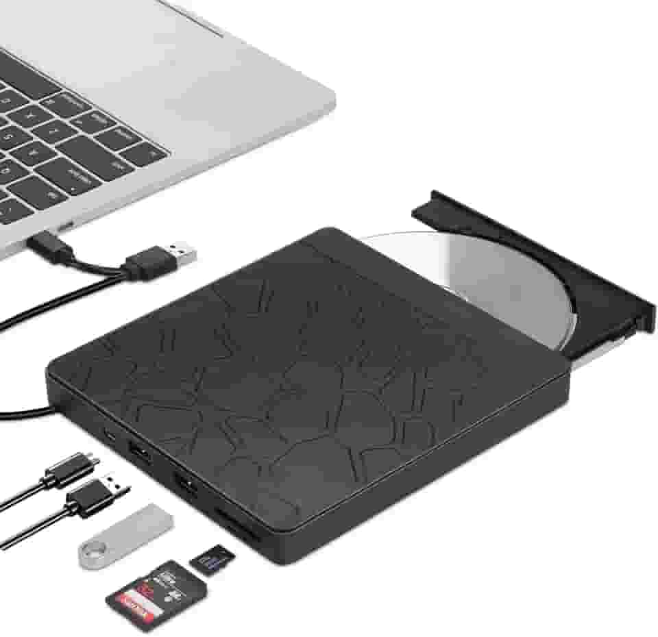 Unidade de DVD externa para laptop, USB 3.0 Tipo-C CD DVD +/-RW gravador de disco óptico, leitor de CD/DVD ROM portátil Zilynhom com 2 compartimentos para cartão e 3 portas USB, para desktop Windows 10/8/7 Linux Mac OS