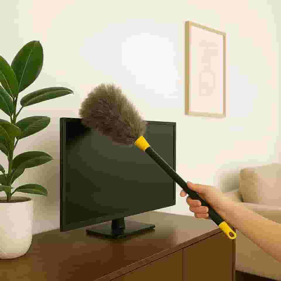 Espanador de Pó 42cm Original Penas Naturais, Cabo Longo, Leve 38g, Reutilizável e Lavável, Ideal para Móveis, Telas, Mesas, Escritório e Residência