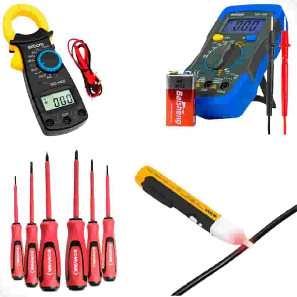Kit Completo de Ferramentas para Eletricistas Multímetro Digital, Alicate Amperímetro, Caneta Detectora de Tensão e Chaves Isoladas Profissional
