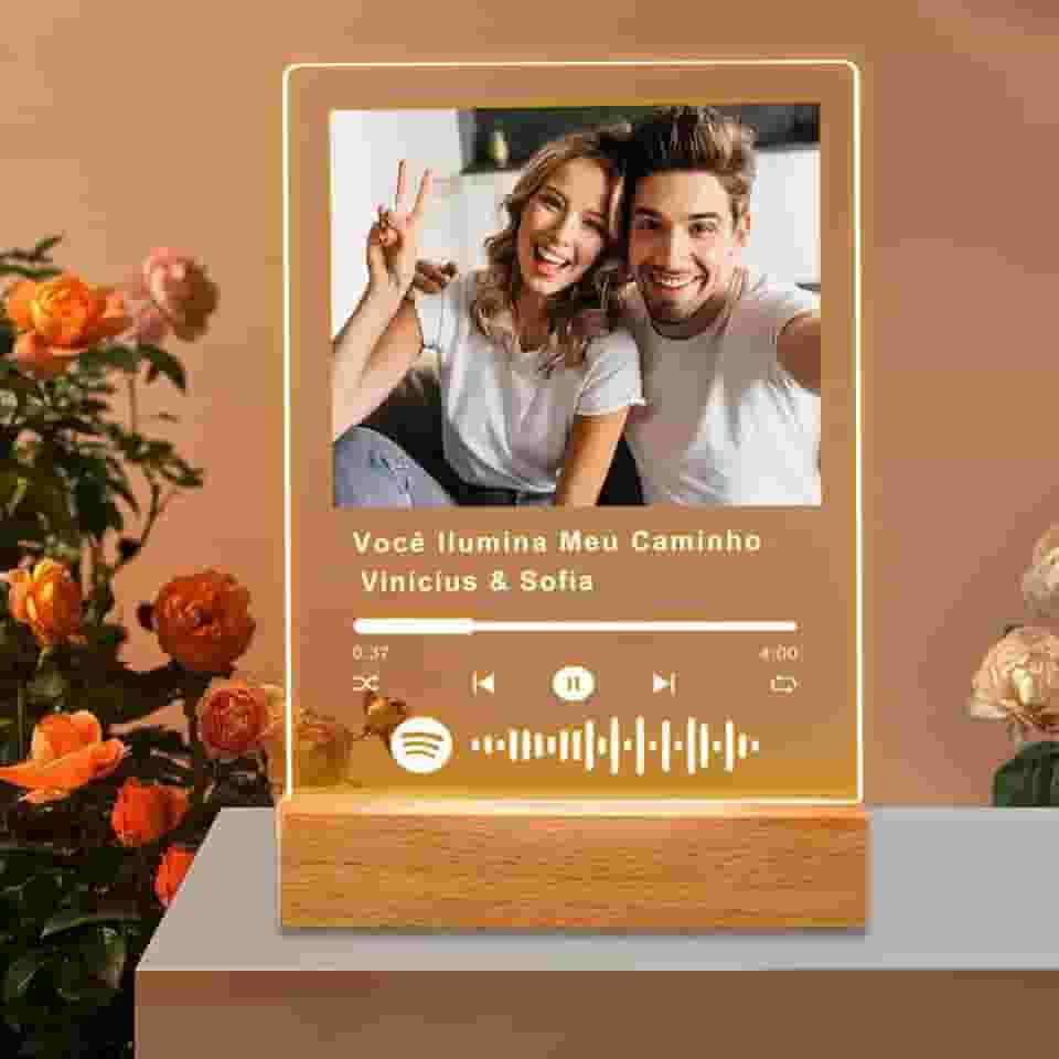 Placa de Música em Acrílico Personalizada, Com Código de Barras do Spotify - Presente Único para Namorado(a) ou Casal, Luz Quente + Caixa