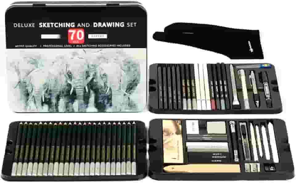 Kit de Desenho Completo 70 Peças – Estojo Profissional com Lápis de Grafite e Carvão, Esfuminhos, Borrachas e Acessórios – Conjunto de Arte para Iniciantes e Artistas Premium