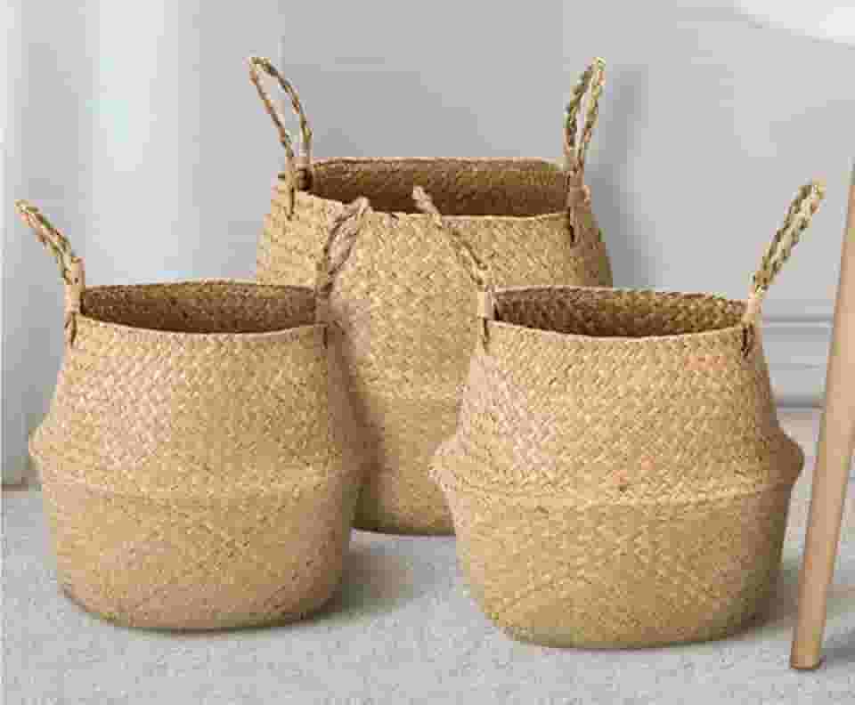 Cesta de Palha (vime/rattan/seagrass) para Organização, Roupas ou Plantas (vaso), dobrável, com alças - P