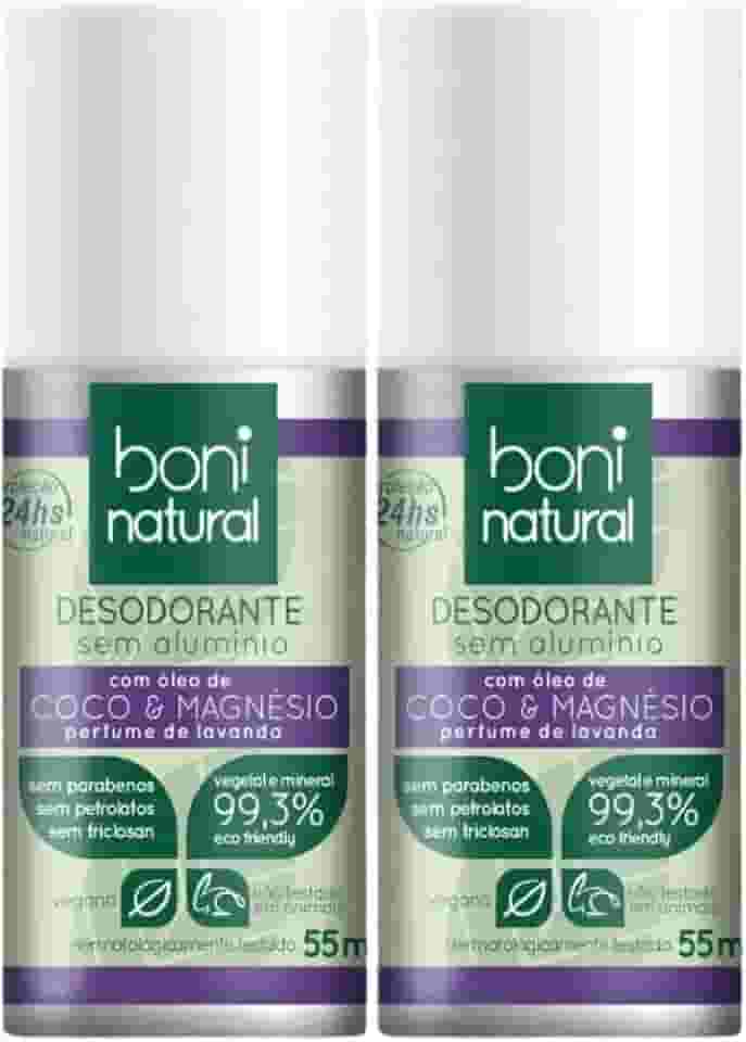 Kit 2 Desodorante Boni Natural Roll-On Natural Coco E Magnésio Vegano Lavanda 24Hrs Proteção 55ml