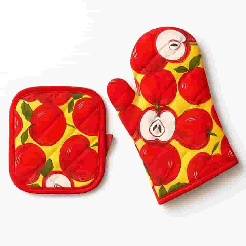 Kit Luva Térmica + Pegador/Descanso de Panela Para Cozinha de Poliéster Para Manusear Panelas Travessas e Formas Quentes Estampada Para Forno Fogão e Churrasqueira de Segurança, Sortido