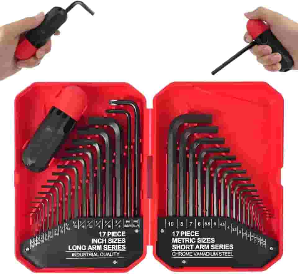 Jogo de 35 Peças Chave Allen com Manopla Auxiliar - Métrico (0.7-10mm) e Imperial (0.028-3/8') - Kit Completo para Manutenção