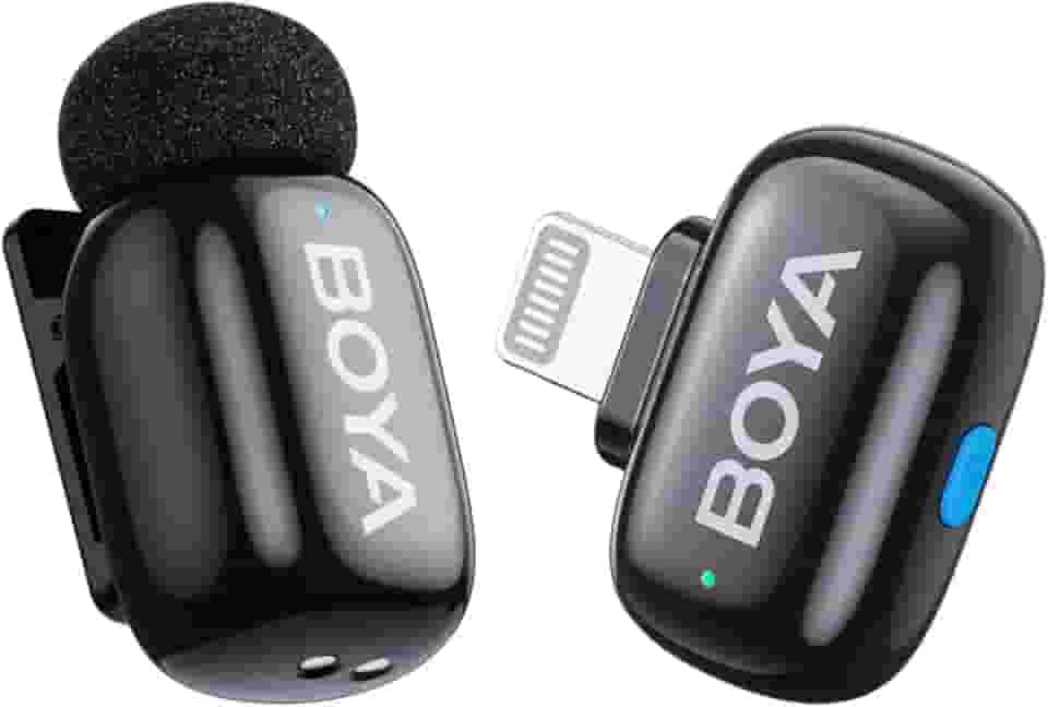 Boya Mini microfone de lapela sem fio para iPhone/iPad, plugue Lightning certificado Mfi, ultra mini microfone com capa de carregamento multifuncional, mudança de voz AI, microfone de lapela para