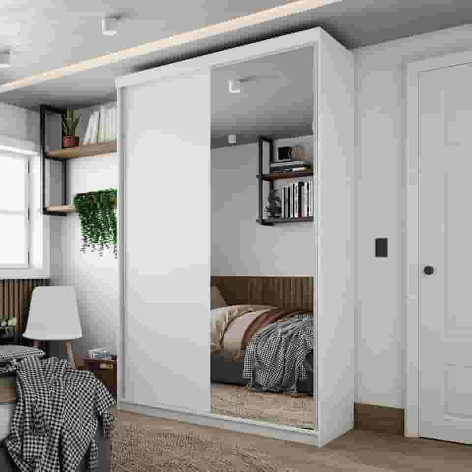 Guarda-roupa Solteiro 100% Mdf Bp com 2 Portas e 1 Espelho Geneve Branco