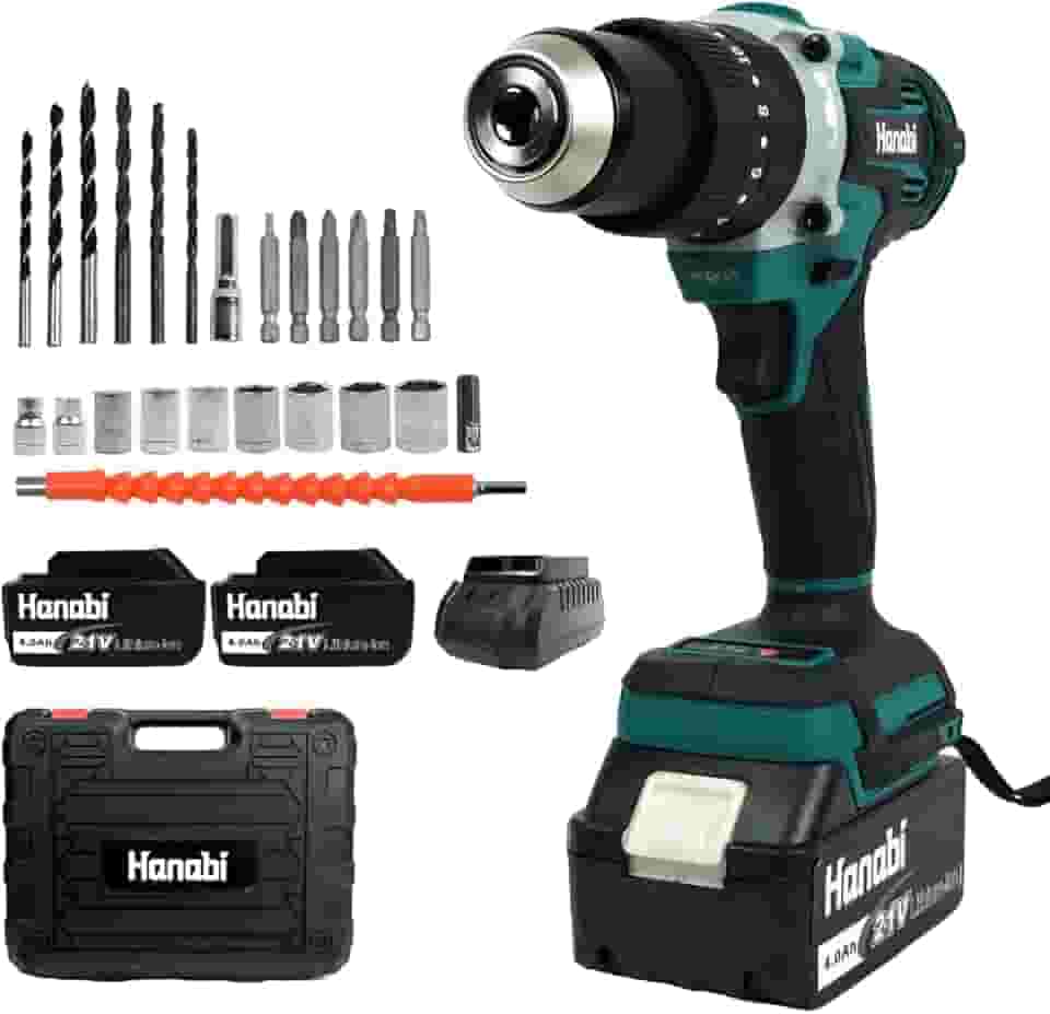 Hanabi Parafusadeira e Furadeira Motor Brushless com Impacto 21V Sem Fio 80N.m, 1700 RPM com LED Kit Parafusadeira Eletrica Com 2 Baterias de 4,0Ah 13mm