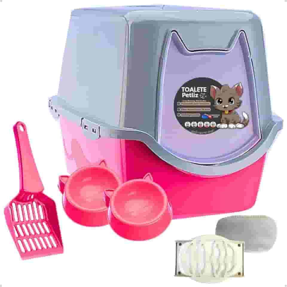 Caixa de areia para Gatos Toalete Rosa Petliz Banheiro Bandeja Sanitário Higiênico Facil Limpeza com Comedouros e Pá