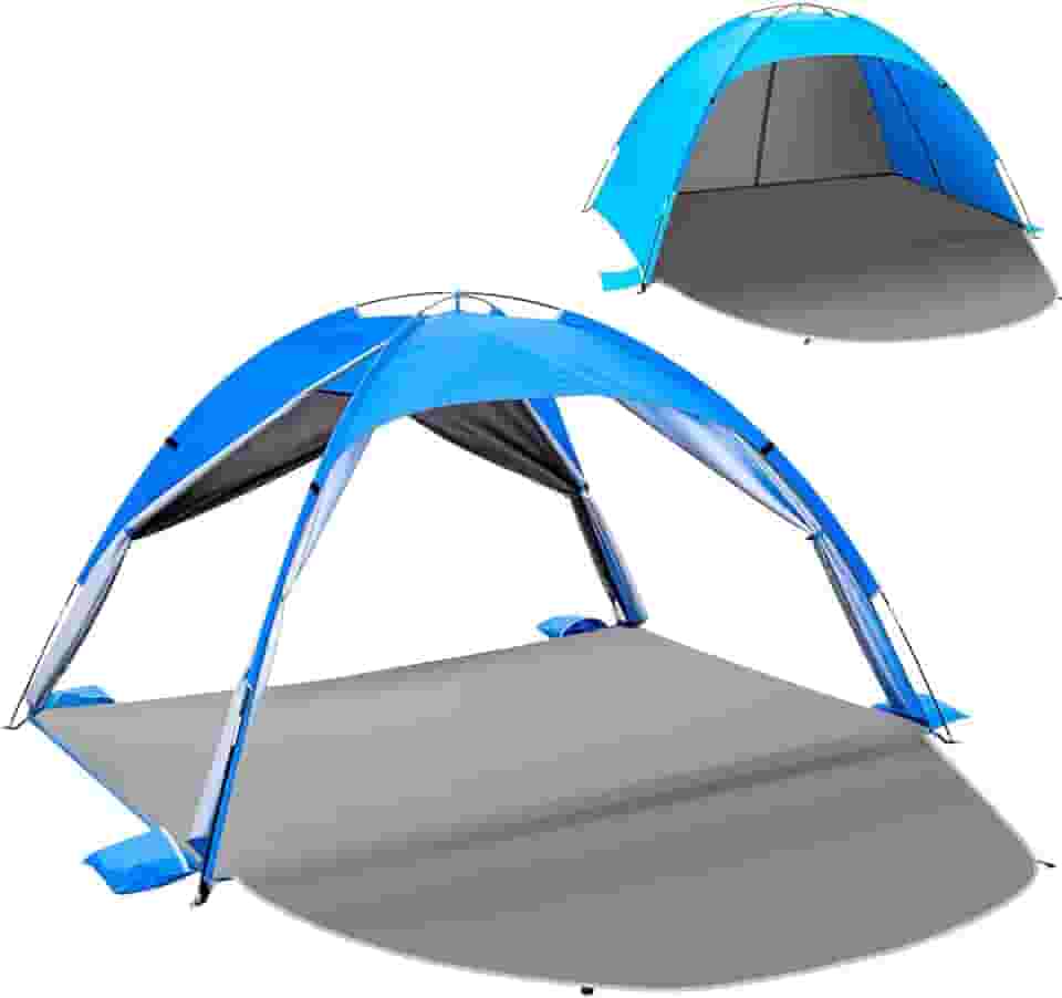 Outterra Barraca de praia para 3 a 4 pessoas, barraca de praia FPS 50+ com design respirável de 4 portas, postes de fibra de vidro de 8,0 mm, toldo de sol portátil para acampamento e exterior – azul