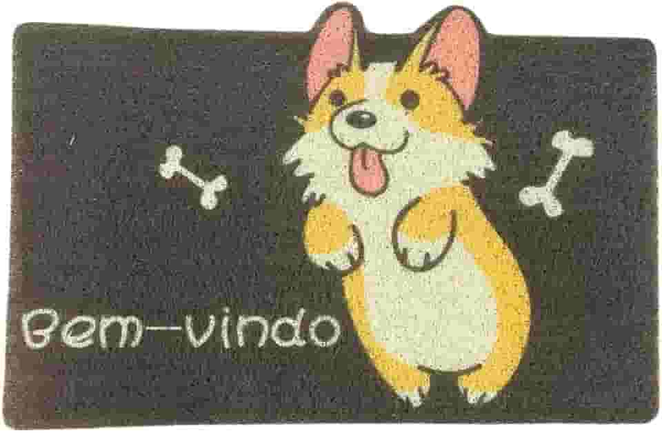 Tapete Capacho Porta de Entrada Pets 'Bem-vindo' 100% Poliéster Emborrachado 60cm x 40cm Para Receber Com Estilo (Cachorro Feliz)