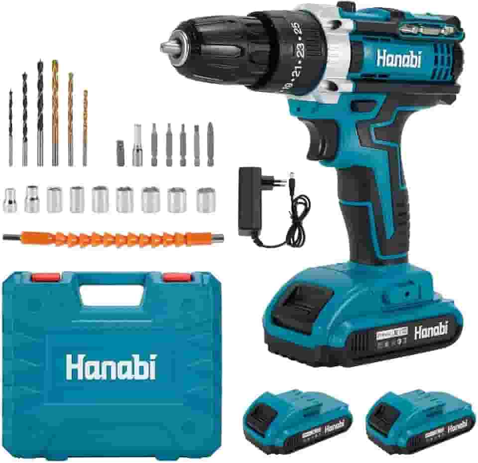 Furadeira Parafusadeira De Impacto Profissional Portátil 21v com 2 baterias 10mm Bivolt + Kit Brocas Sem fio Hanabi