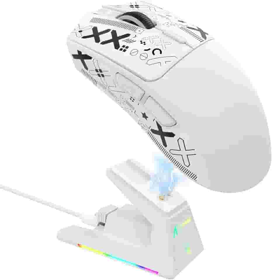 ATTACK SHARK X1 Mouse gamer sem fio ultraleve com dock de carregamento magnético RGB, fita antiderrapante,sensor PixArt PAW3395 Pro,40000 DPI,BT/2,4 GHz/com fio, microinterruptor para PC Mac(branco)
