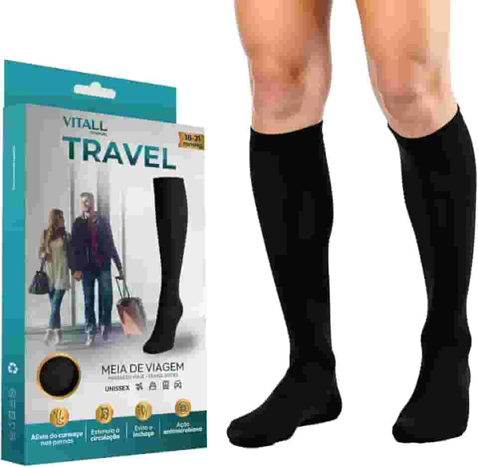 Meia Viagem de Avião Evita Trombose 3/4 Vitall Travel Média Compressão 18-21 mmHg Com Ponteira Preta Unissex