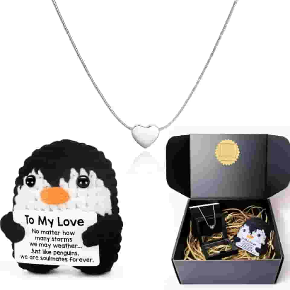 Presente Feminino Romântico Inesquecível Namorada Esposa Dia dos Namorados - Kit Pinguim de Crochê e Colar de Coração em Aço Inoxidável - Embalagem Premium para Surpreender