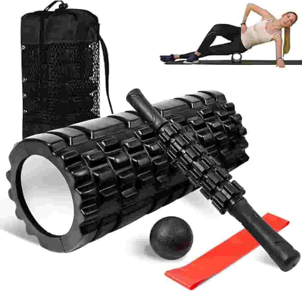 Rolo Massagem Liberação Miofascial, Kit Rolo de Liberação Miofascial, 4 em 1 Foam Roller com Bastão/Rolinho, Faixa de Alongamento, 1 Bolas de Massagem e Sacola de Transporte, Faixa Auxiliar de Puxar