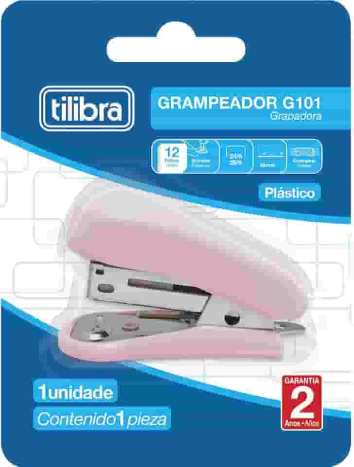 Tilibra - Grampeador 12 Folhas Mini com Extrator G101, Rosa Claro