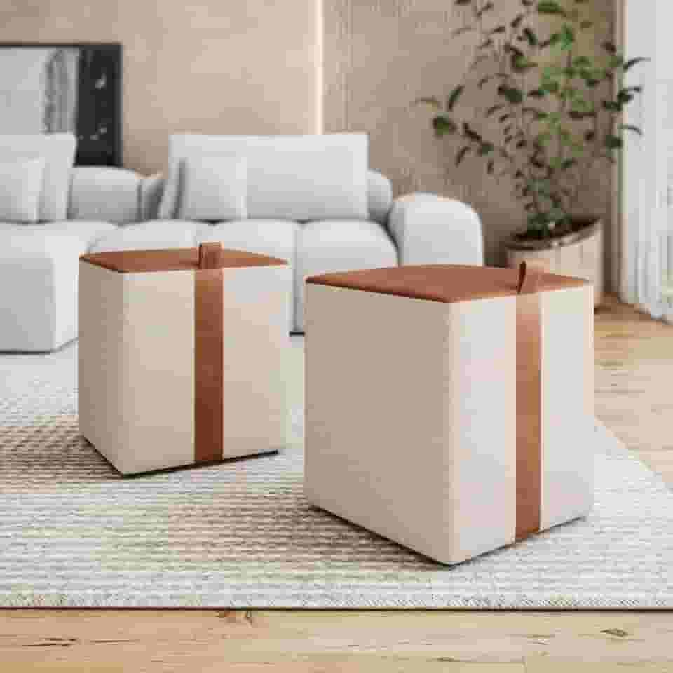 kit 2 PUFF Quadrado Puf closet Em Couro Caramelo Linho Premium Bege