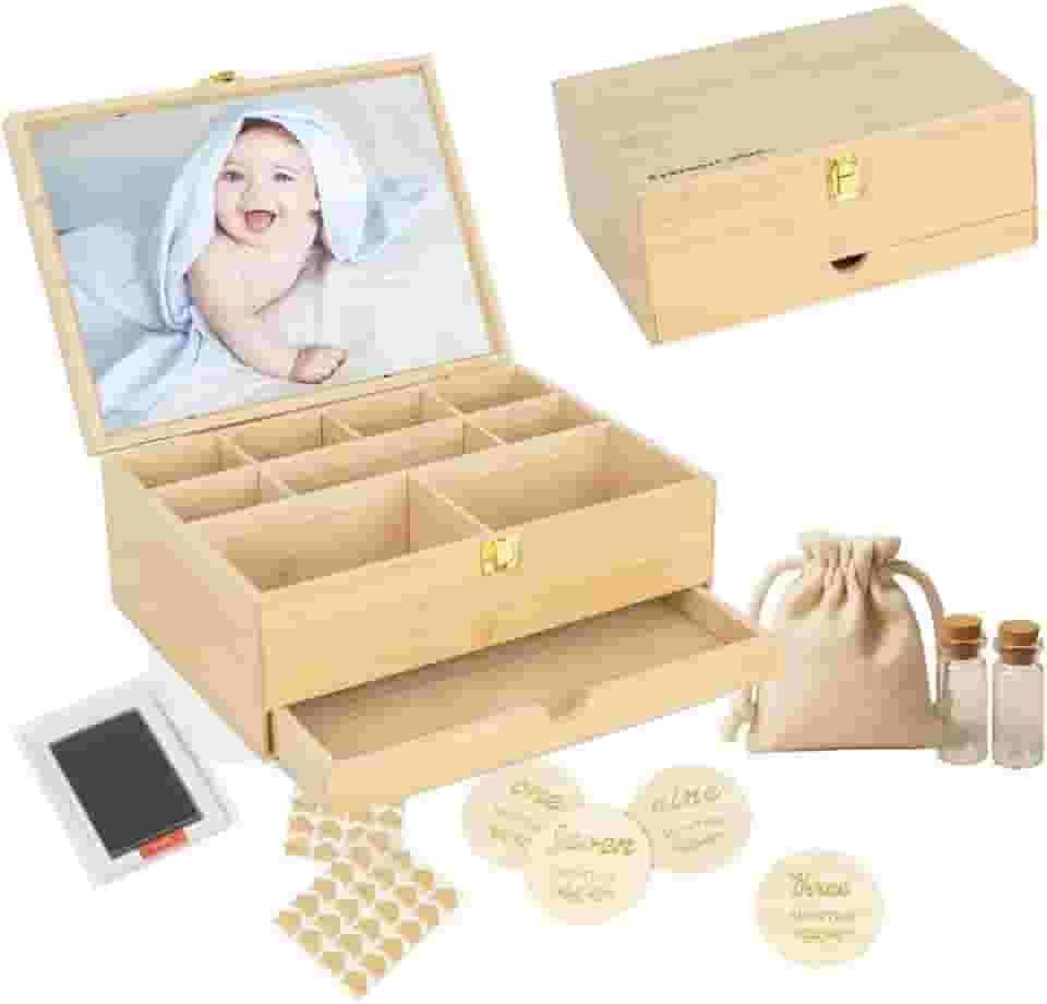 Caixa de lembrança de bebê com 5 itens de memória adicionais – Caixa de memória de bambu para bebês meninas e meninos – Kit de impressão manual, discos de marco, cantos de fotos, frascos de vidro