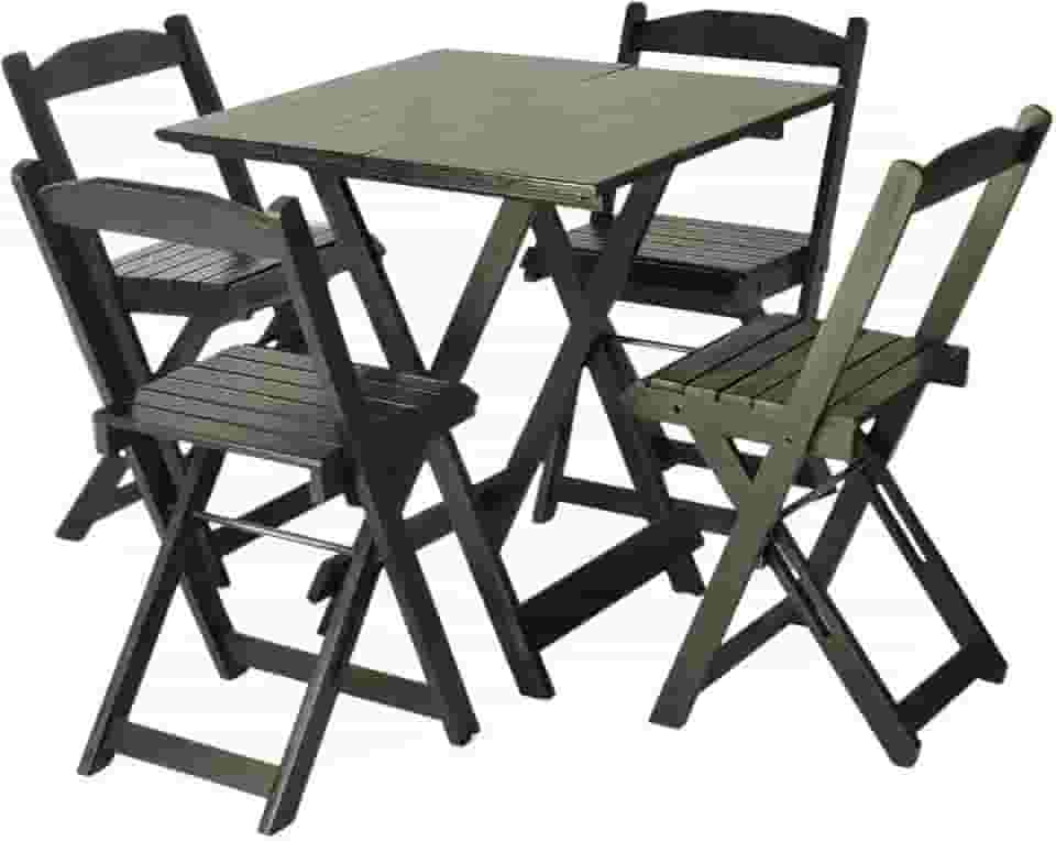 Mesa Dobrável 70x70 Tampo Madeira 4 Cadeiras Dobrável Retrátil - Preto