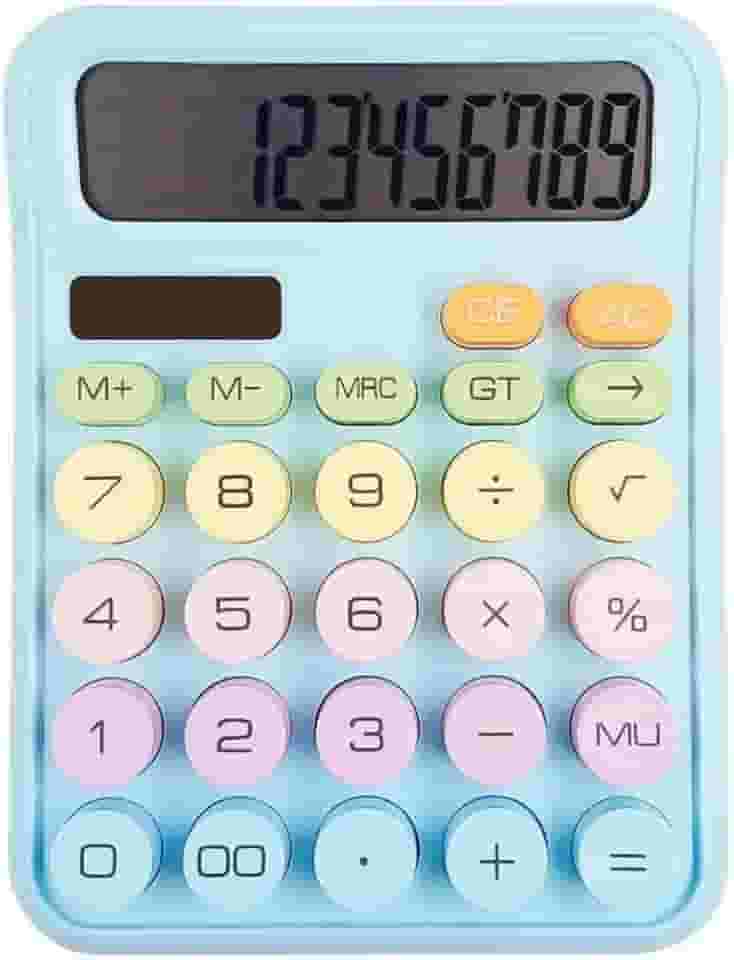 Calculadora Tela LCD Grande de 12 Dígitos, Mecânica, Botões Grandes e Fáceis de Pressionar, Colorida, Modo de Repouso Automático, com Bateria. Para Escritório, Escola, Casa (Azul claro)