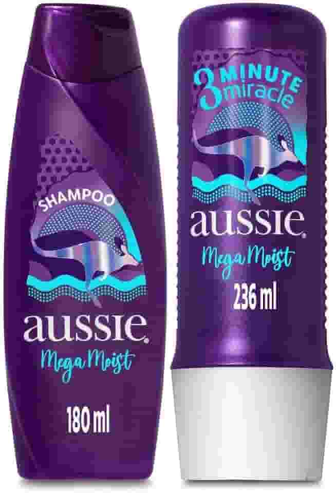 Kit Aussie Mega Moist Super Hidratação Shampoo 180Ml e 3 Minutos Milagrosos 236Ml, Aussie, Roxo