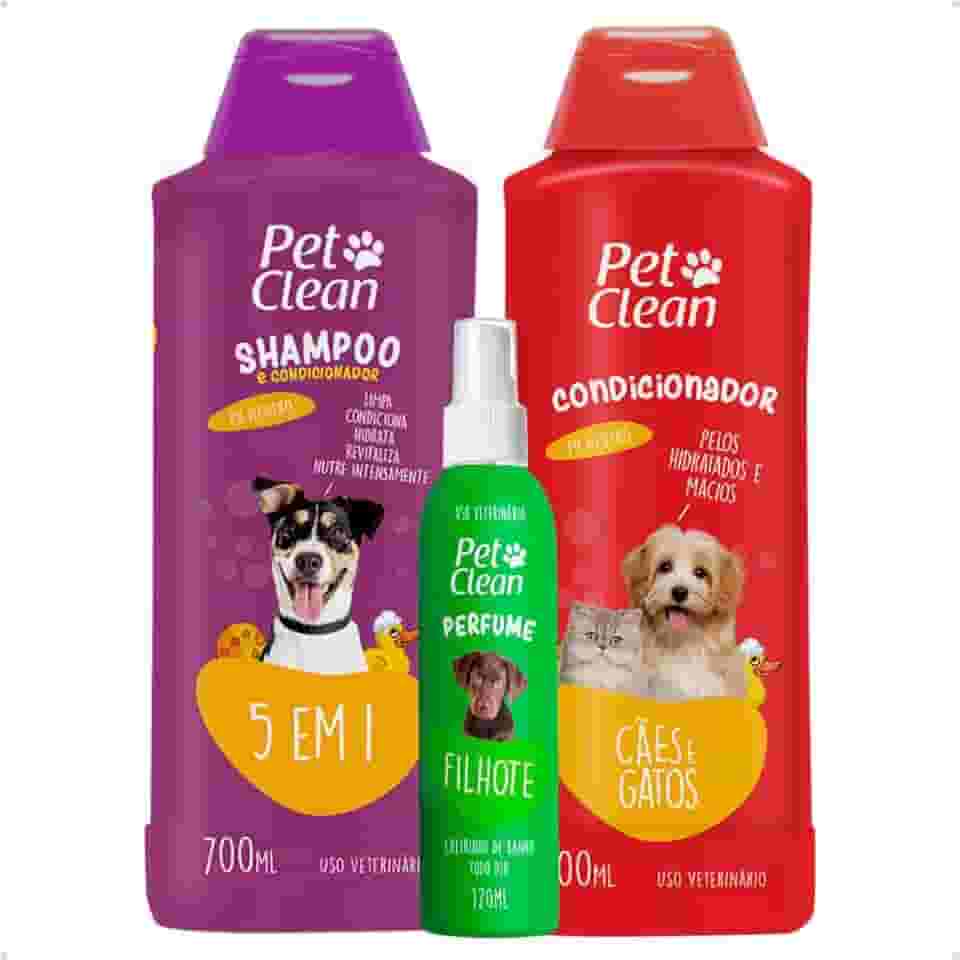 Kit Banho e Tosa Pet Shop Shampoo 5 Em 1 700ml + Creme Condicionador 700ml + Perfume 120ml Cães E Gatos Pet Clean - Filhote