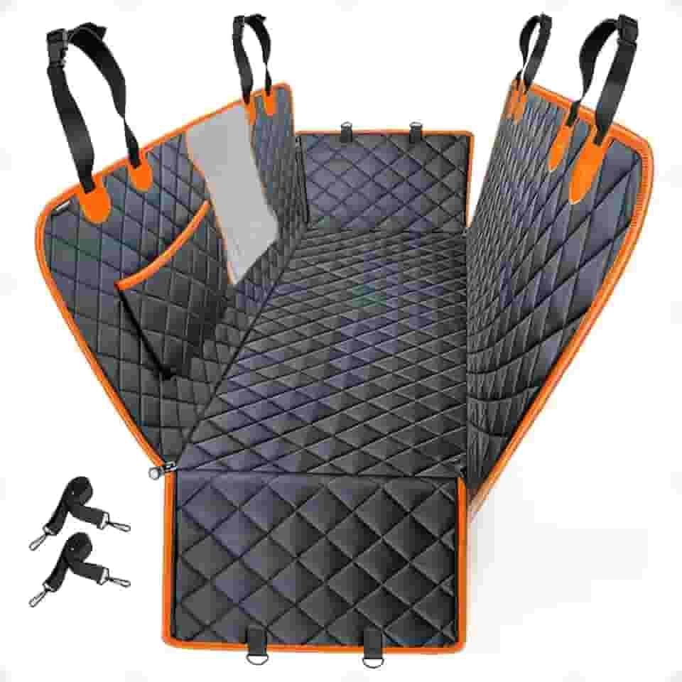 Capa para Pet. Protetora De Banco Traseiro De Carro, Impermeável para Bancos dos veículos, Cães e Gatos. Com alças, Zíper, Estojo e Presilhas. Resistente a Riscos e Manchas Premium (Grafite e Laranja)