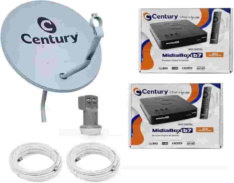 Kit Antena Parabólica Century 60cm, Receptor Mídia Box B7, 2 Cabos Coaxiais 15m e LNBF Duplo