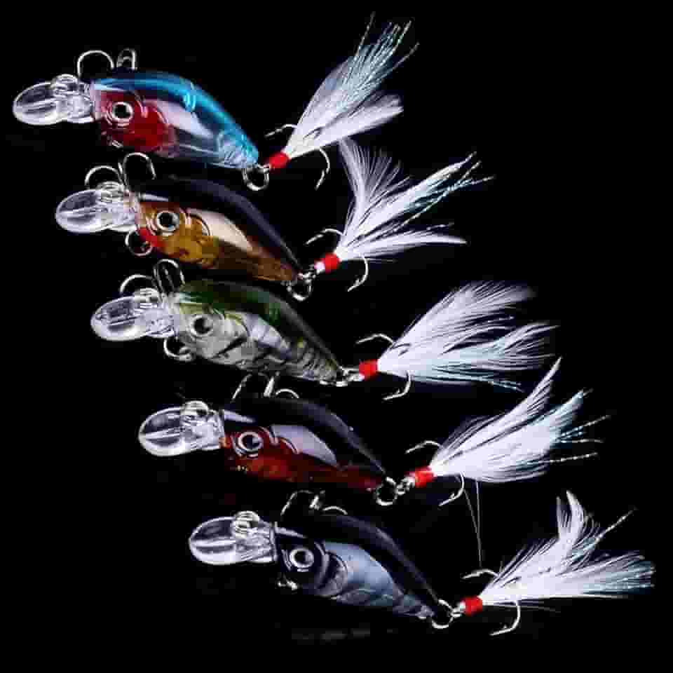 5 peças de isca de pesca Minnow, iscas de manivela, iscas artificiais rígidas, crankbait com ganchos para água doce e salgada