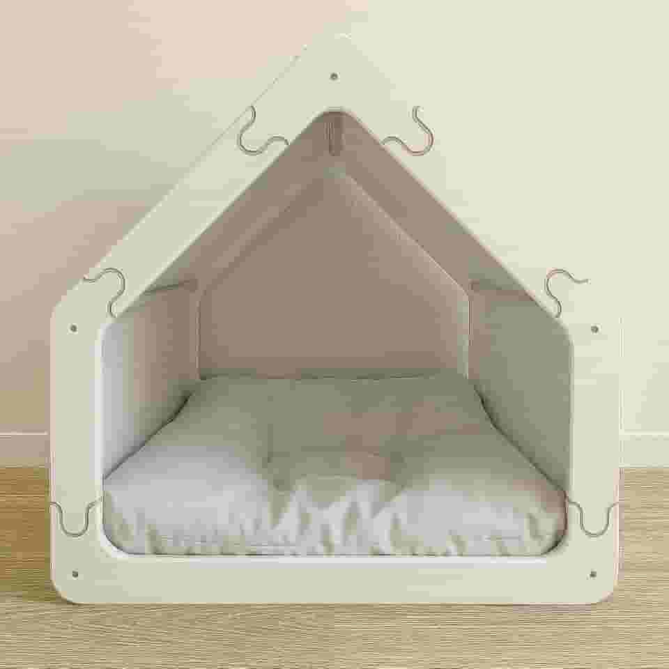 Cama Caminha para Pet Cachorro e Gato Tamanho Grande em Madeira e Tecido, Luma Pet, Design Casinha, com Almofada Macia (Cinza)