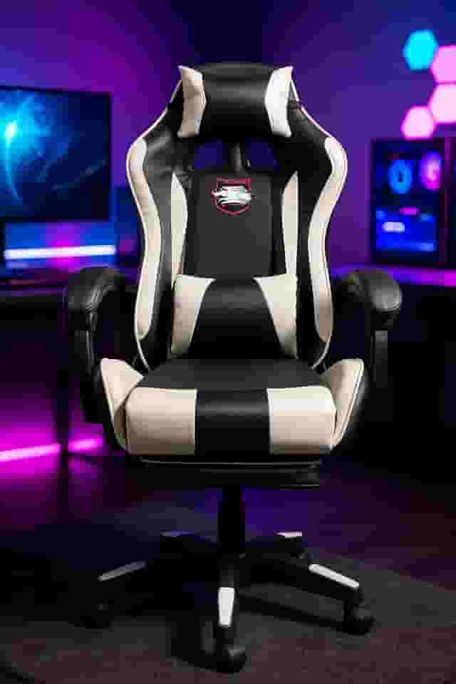Cadeira Gamer Ergonômica com Apoio para os Pés, Reclinável, Moldada, com Almofadas para Pesçoco e Lombar (Preto Branco)