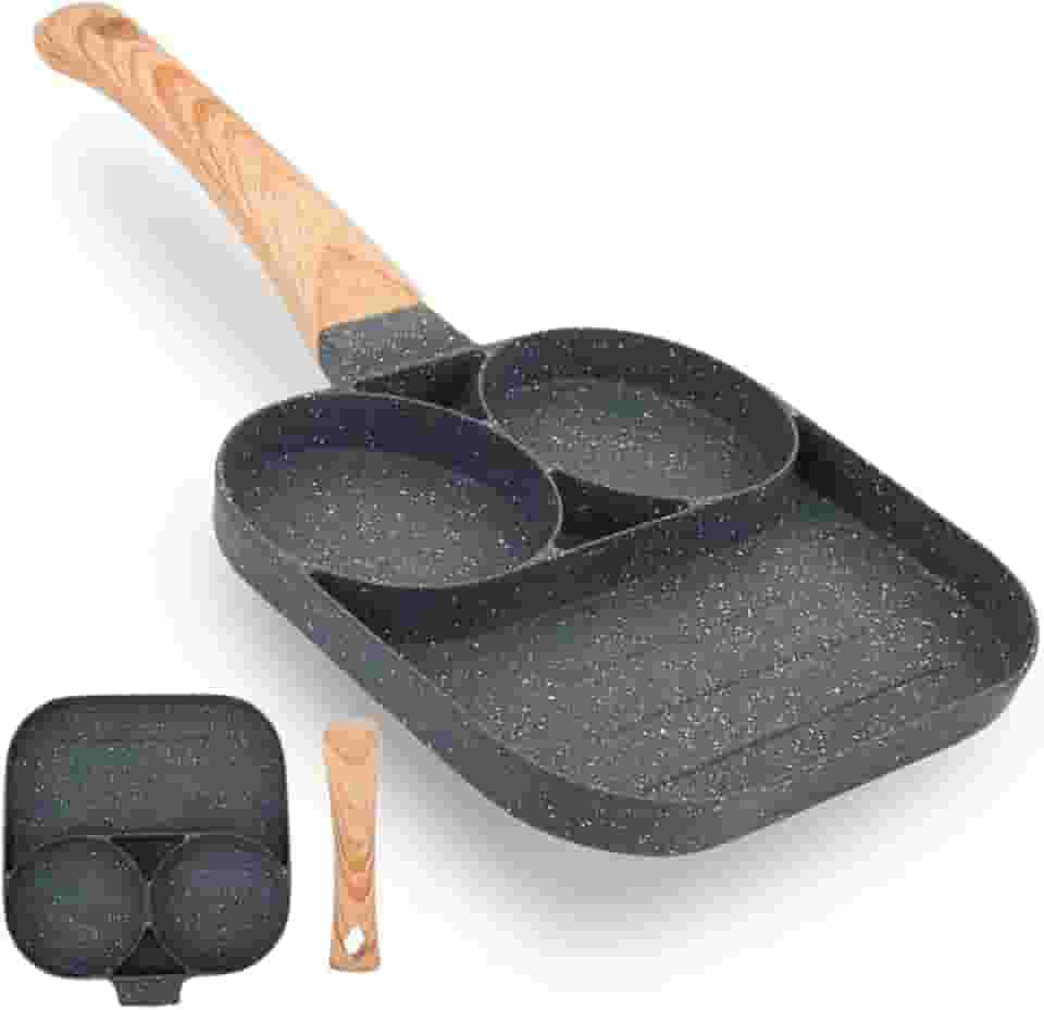 Frigideira Antiaderente Multifuncional 3 em 1 com Cabo de Madeira – Panela em Liga de Alumínio para Grelhar, Fritar e Cozinhar – Compatível com Fogões a Gás, Elétricos e Indução