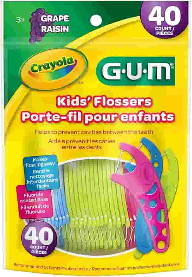 Flosser GUM Crayola, Fio Dental Infantil com haste, Sabor Uva, 40 unid.