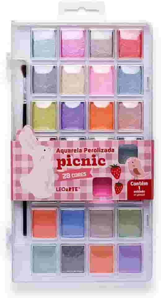 Aquarela Perolizada Picnic - 28 Cores - Estojo + Pincel Leoarte