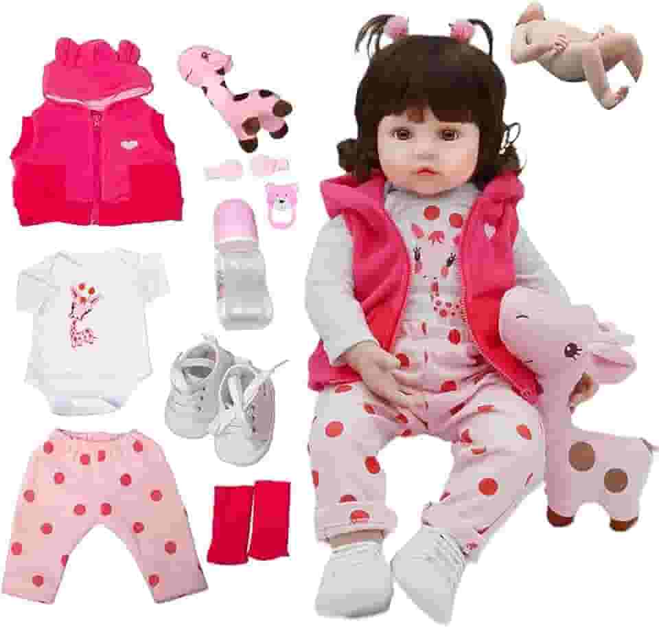 Bebê Reborn Boneca Menina de Silicone Original Pode dar Banho (Menina Girafa 48cm)