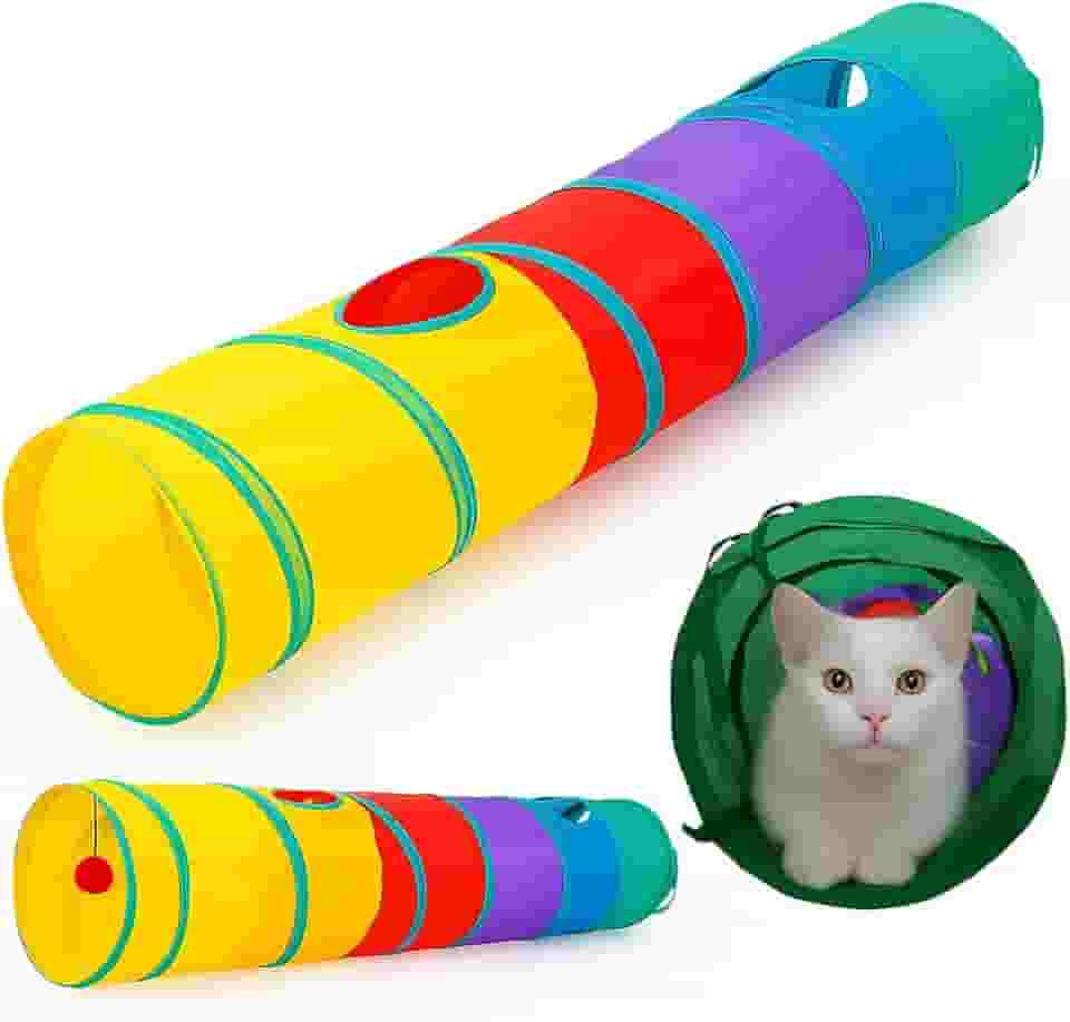 Túnel Interativo para Gatos com 3 Entradas e Brinquedo Interno – Labirinto Colorido Dobrável, Estímulo e Exercício para Gatos Filhotes e Adultos – Portátil e Resistente em Poliéster