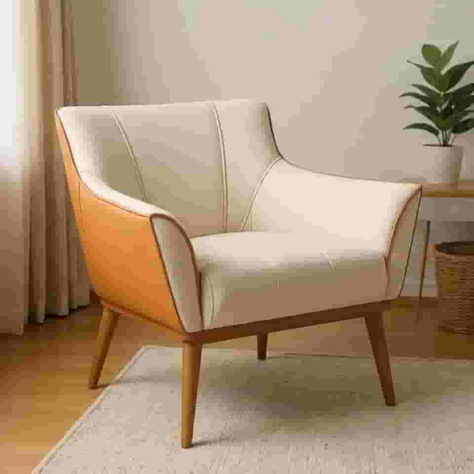 Poltrona Berlim em Courino e Veludo Pés Palito de Madeira