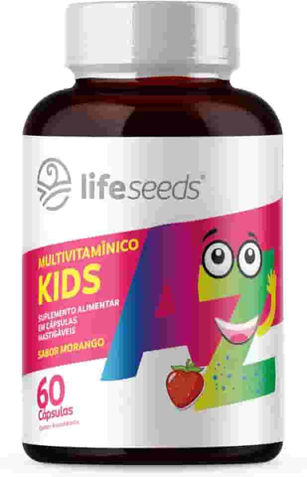 Multivitamínico AZ Kids - Vitaminas A, D, E, K, C, B1, B2, B3, B5, B6, B7, B9, B12, Cálcio, Cromo, Ferro, Magnésio, Selênio e Zinco - Sabor Morango - 60 Cápsulas Mastigáveis