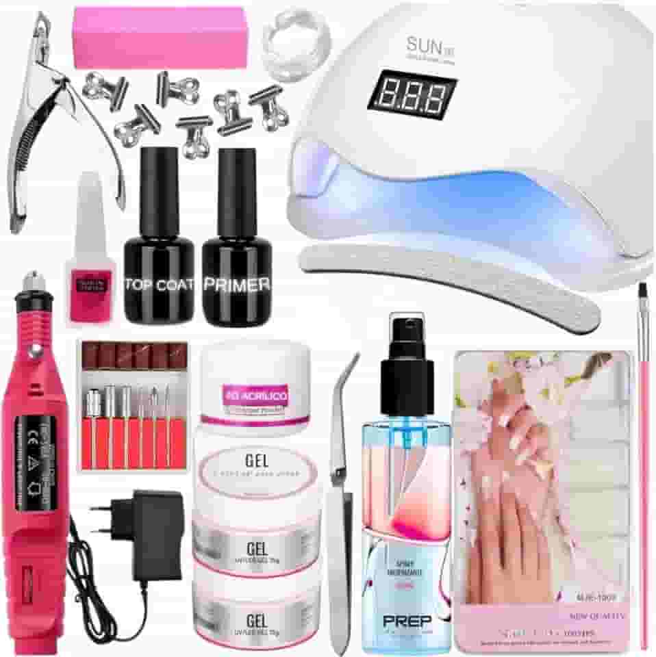 Kit Completo para Alongamento de Unhas com Cabine Sun 5 48W, Lixadeira, Géis, Primer, Top Coat e Acessórios