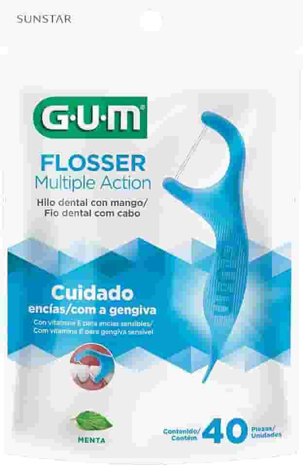 Flosser GUM Multipla Ação, Fio Dental com haste, Sabor Menta, 40 unid., Gum, Azul