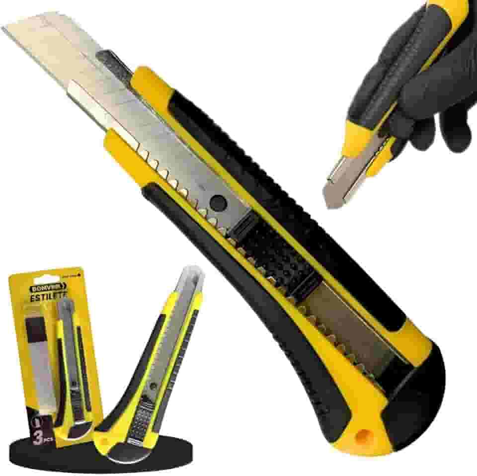 Estilete Profissional Retrátil 18mm com 3 Lâminas de Reposição - Trava de Segurança Cabo Emborrachado Ergonômico Antiderrapante Alta Precisão Corte Papel Plástico Couro Artesanato Embalagens