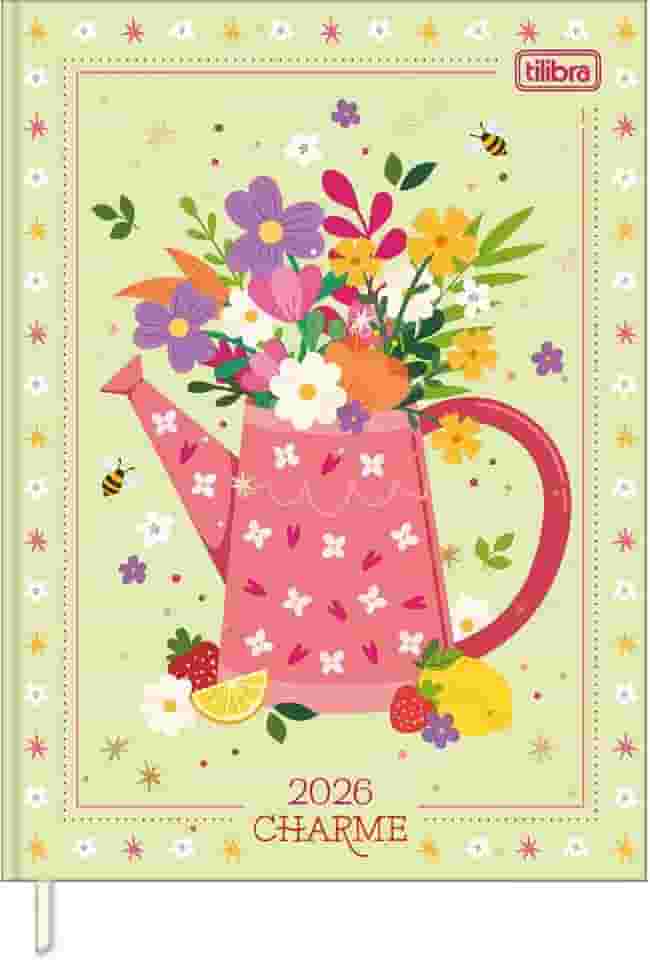 Tilibra - Agenda Costurada Diária 12,3 x 16,6 cm Charme 2026 - Jarro de flores - fundo verde