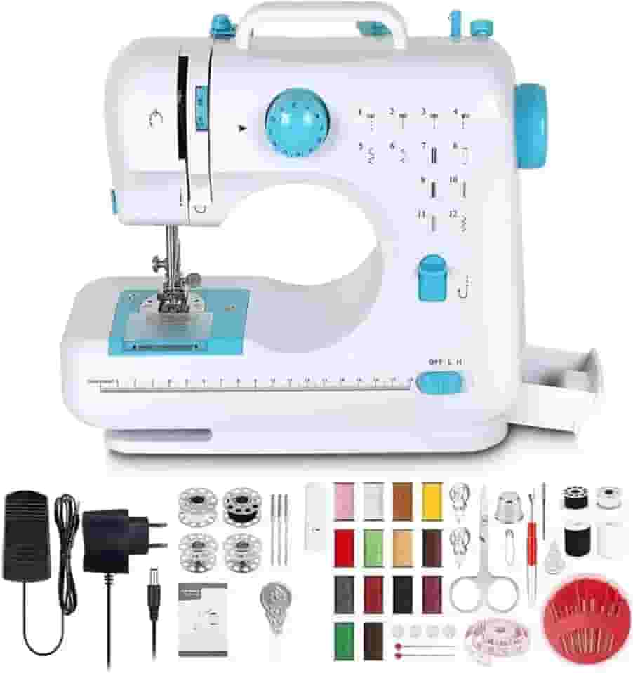 FINYQBET Mini Máquina de Costura para Iniciantes e Crianças de 8 a 12 Anos | 12 Padrões de Ponto, Luz LED, Costura Reversa | Ideal para Pequenos Reparos e Projetos de Artesanato (100-240v)