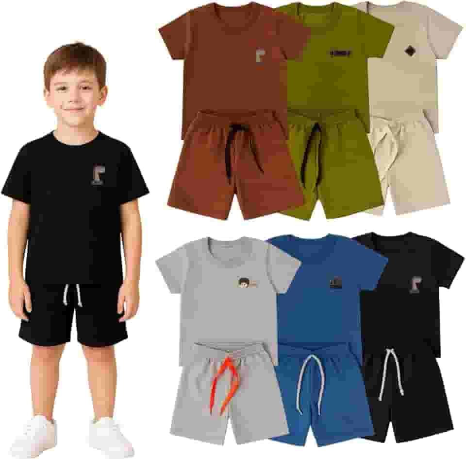 Kit 6 Peças Conjunto Infantil Menino Camiseta e Bermuda Lisas, Roupas de Verão Leves e Fresquinhas, Moda Infantil Masculina para Escola, Passeio e Dia a Dia