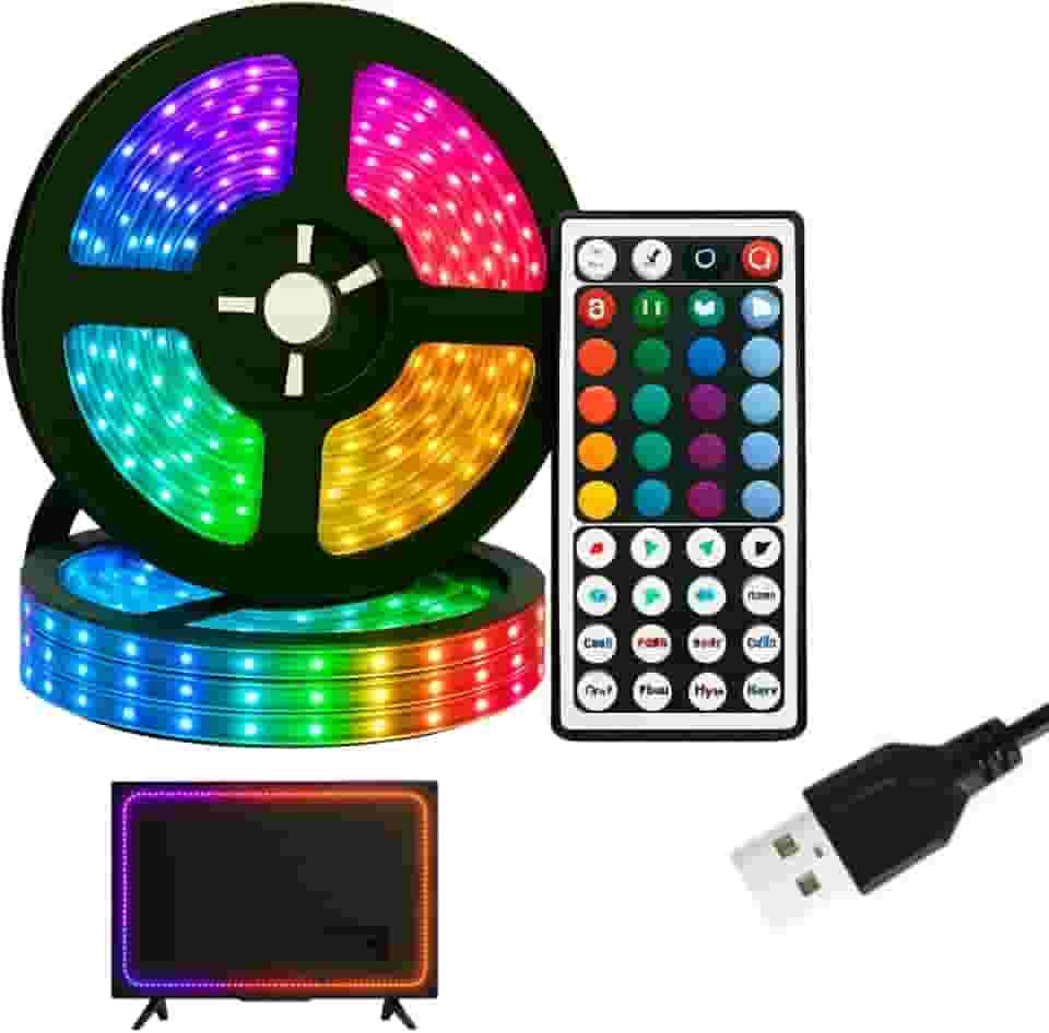 Fita Led RGB 5 Metros Reativa ao Som com Controle Remoto e Alimentação USB. Acabamento em Borracha e Interativa ao Som Ambiente.