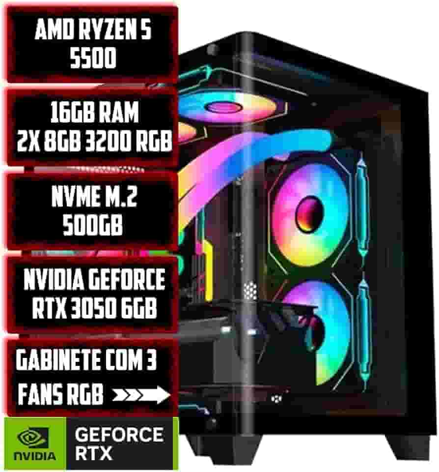 PC Gamer Live Ryzen 5 5500, 16GB RAM RGB, NVME M.2 500GB, RTX 3050 6GB, Gabinete com 4 Ventoinhas RGB