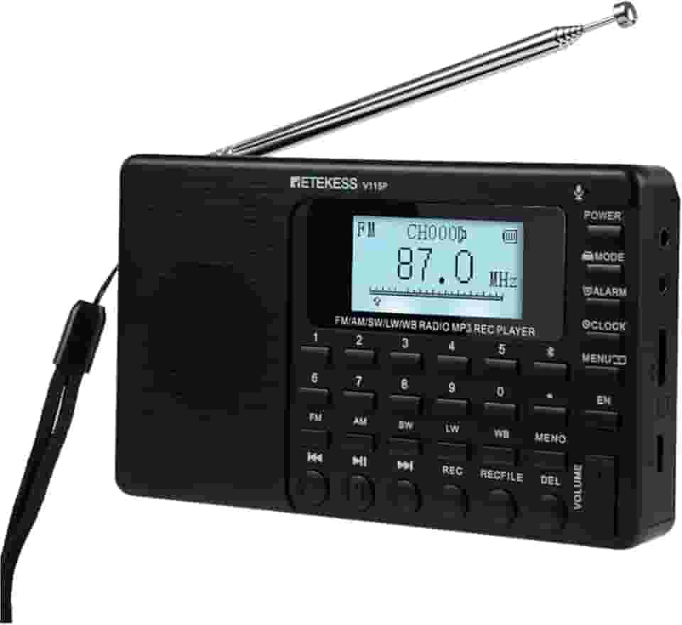 Retekess Rádio portátil de ondas curtas V115P, rádio AM FM SW WB recarregável, conexão sem fio, bateria de 1800 mAh, sintonizador digital, TF/AUX, gravação, lanterna, temporizador de sono, despertador