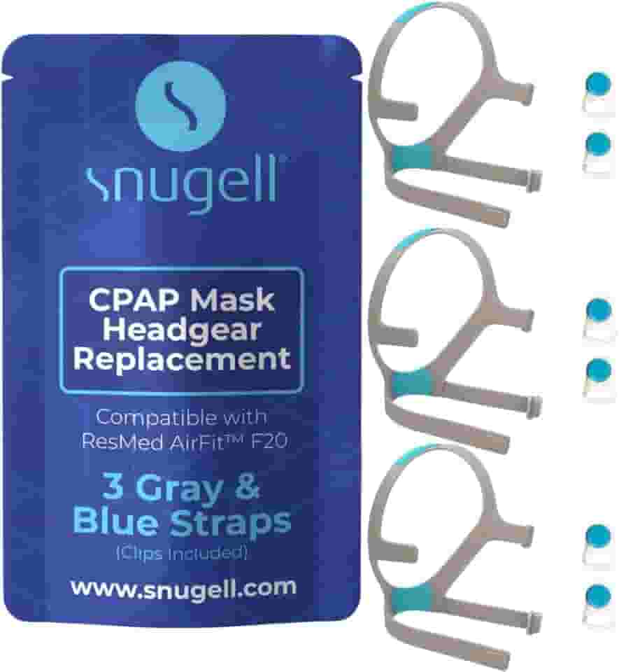 Snugell Alças de substituição para máscara facial CPAP AirFit ResMed F20 (pacote com 3) – clipes incluídos – Nylon elástico – Cor cinza/azul