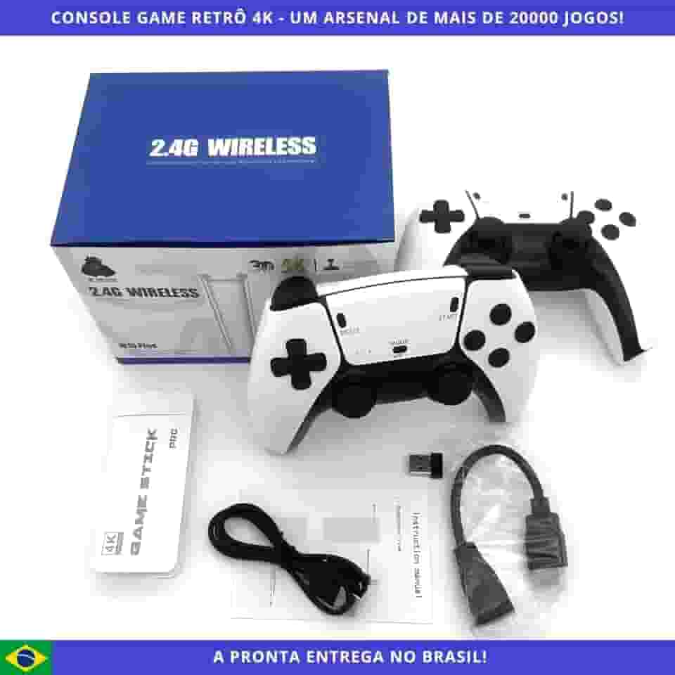 Game Stick M15 Pro 4K, Console Retrô Multissistema, Branco e Preto, Controles Sem Fio 2.4GHz, 20.000 Jogos, Saída HDMI 4K, Cartão 64GB